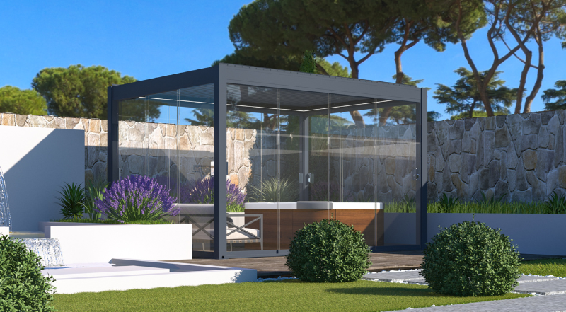 Pergola met glazen schuifwand